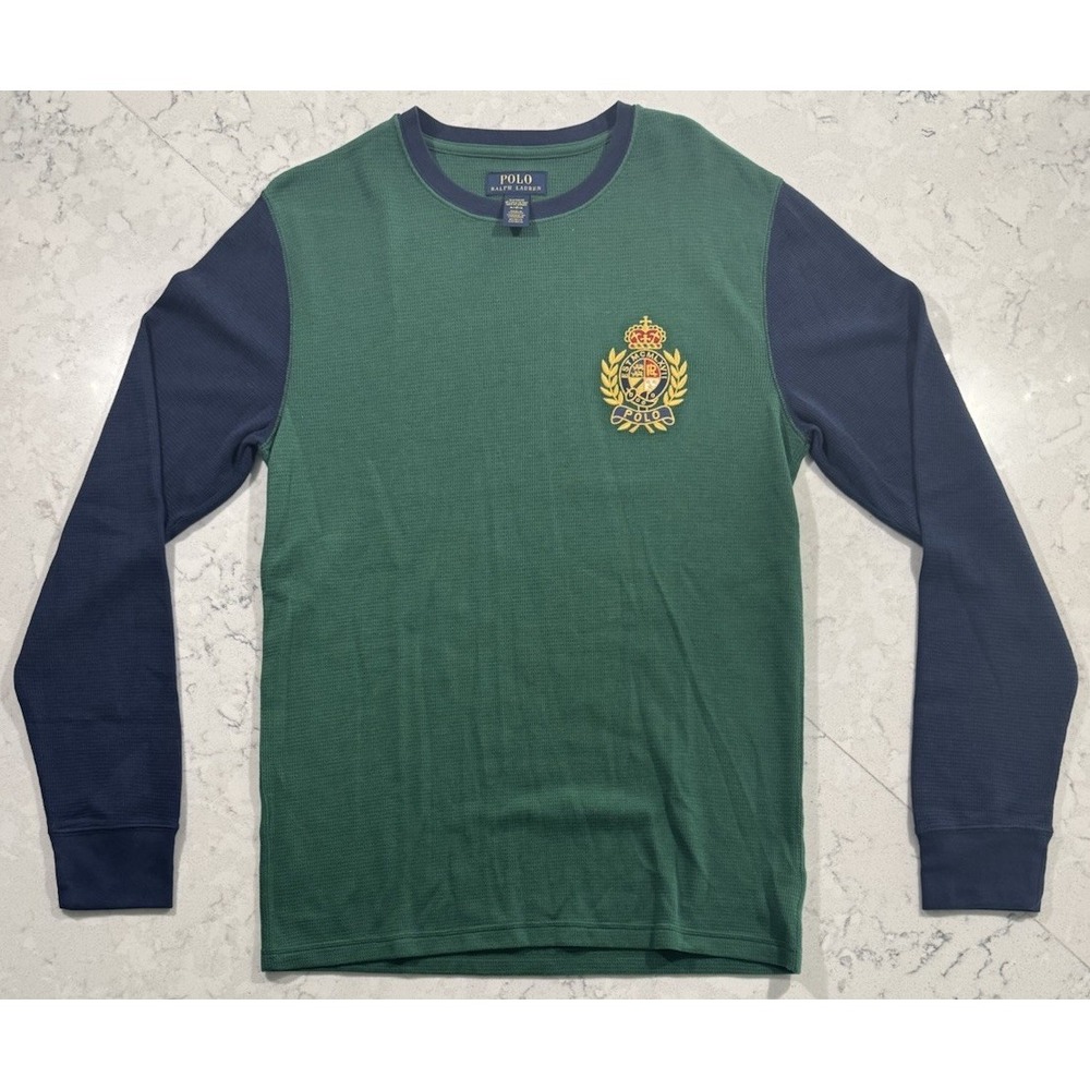 Polo Ralph Lauren Sleepwear Shirt Mens Medium Green Blue Waffle Crest Patch Logo